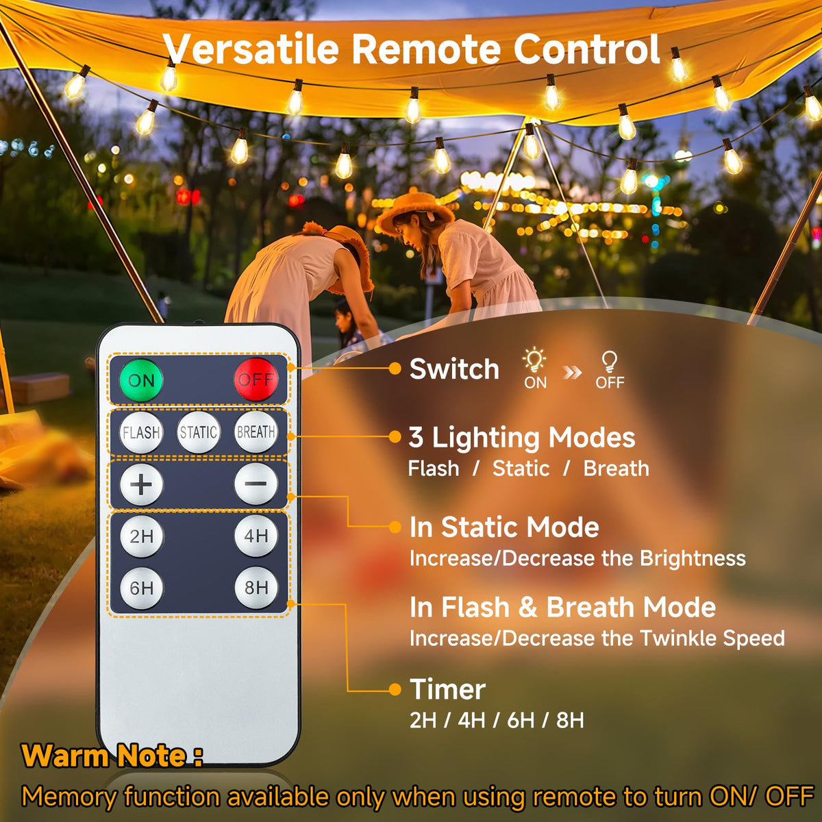 YLXS 25FT Solar String Lights with Remote — 11 Shatterproof S11 LEDs, 3 Modes, Dimmable, IP65 Outdoor