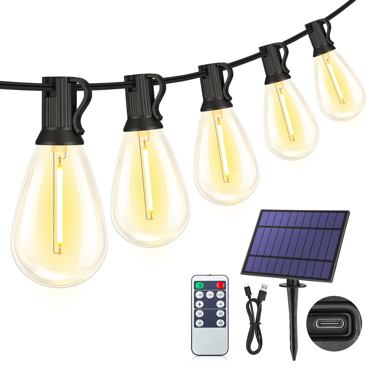 YLXS 25FT Solar String Lights with Remote — 11 Shatterproof S11 LEDs, 3 Modes, Dimmable, IP65 Outdoor