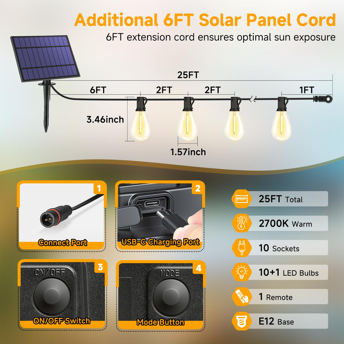 YLXS 25FT Solar String Lights with Remote — 11 Shatterproof S11 LEDs, 3 Modes, Dimmable, IP65 Outdoor