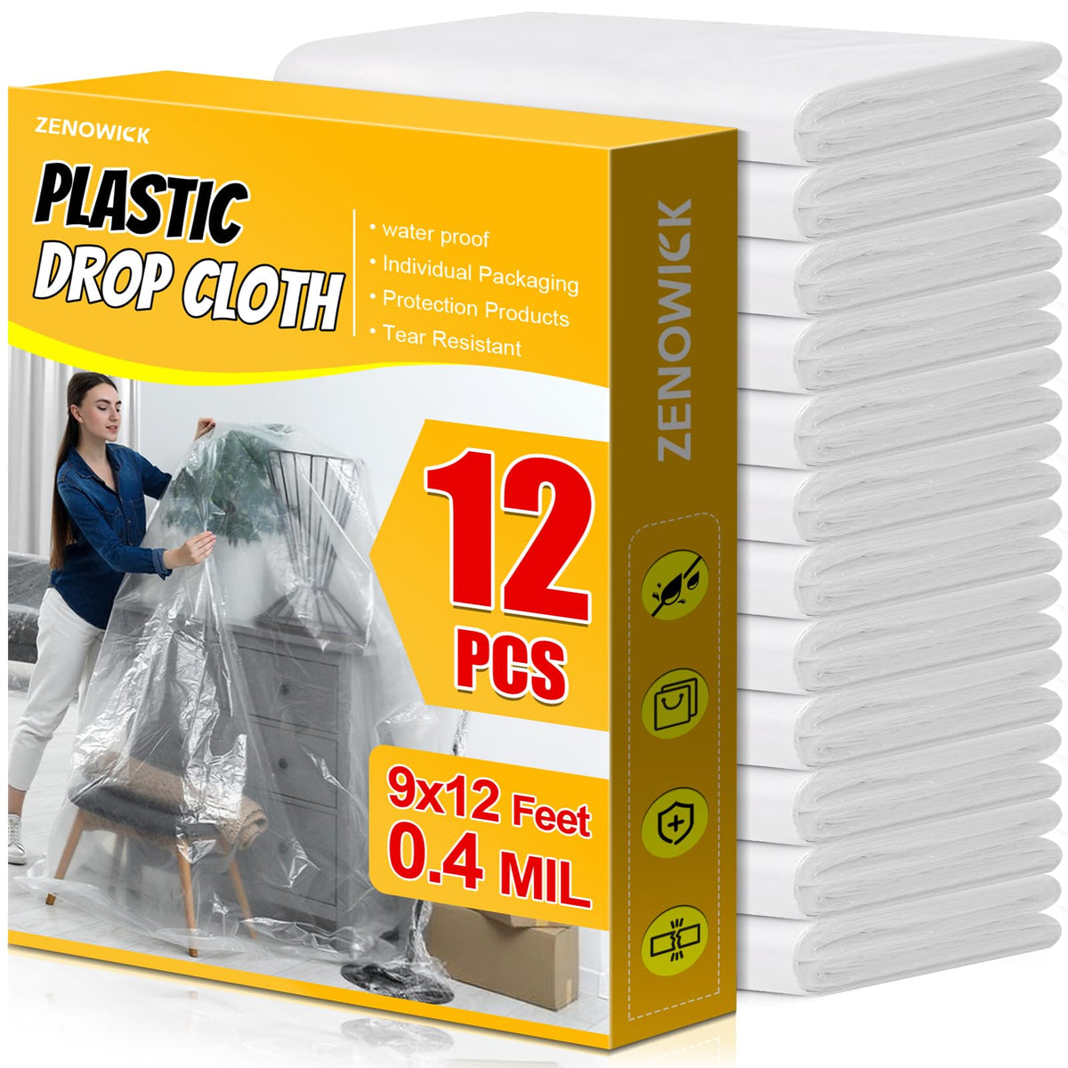 ZENOWICK 12-Pack Plastic Drop Cloth – 9x12 ft Tear-Resistant Painter's Plastic Sheeting