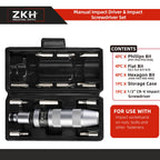 ZKH 1/2-inch CR-V Hand Impact Screwdriver with 12-Piece Bit Set – Reversible Manual Driver
