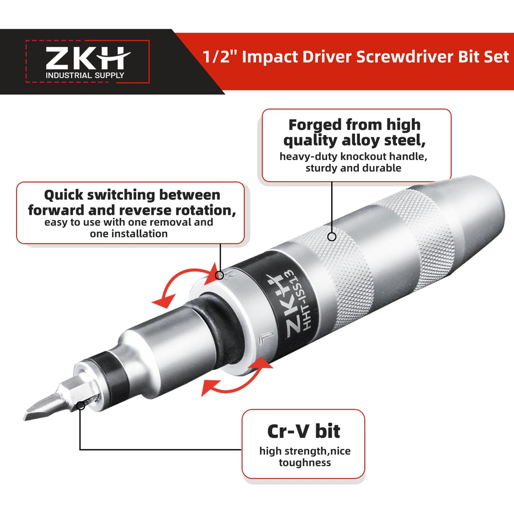 ZKH 1/2-inch CR-V Hand Impact Screwdriver with 12-Piece Bit Set – Reversible Manual Driver